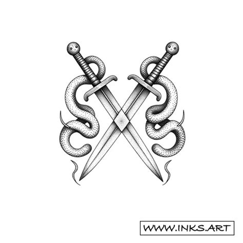 Tattoo Design Crossed Swords With Coiling Snakes Style Dotwork