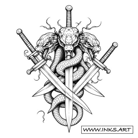 Tattoo Design Hydra Snake Coiled Around Crossed Swords Style Sketch