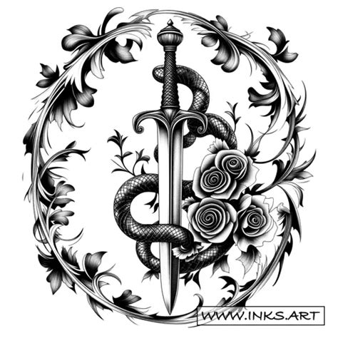 Tattoo Design Sword Snake Roses Thorns Style Black And Grey