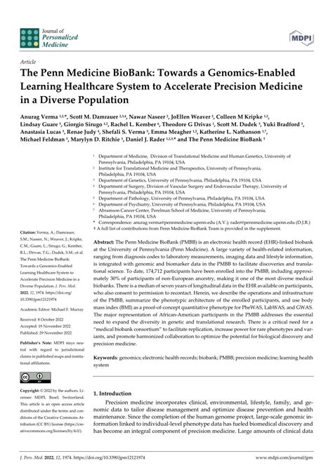 The Penn Medicine Biobank Towards A Genomics Enabled Learning Healthcare System To Accelerate Precision Medicine In A Diverse Population The Penn Medicine Biobank Towards A Genomics Enabled Learning Healthcare System To Accelerate Precision Medicine In A Diverse Population