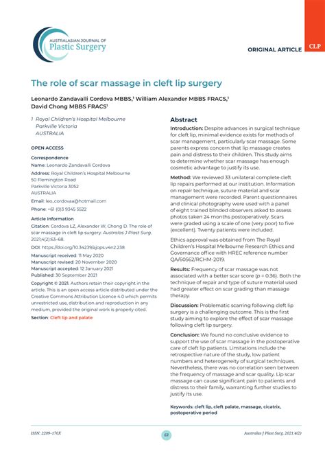 The Role Of Scar Massage In Cleft Lip Surgery Published In Australasian Journal Of Plastic Surgery