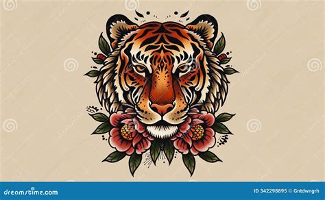 Tiger With Rose Tattoo Design American Traditional Style Tattoo Of Tiger Head Minimal Colors With Dark Shading Stock Illustration Illustration Of Collection Decoration 342298895