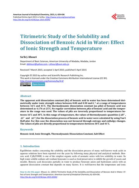 Titrimetric Study Of The Solubility And Dissociation Of Benzoic Acid In Water Effect Of Ionic Strength And Temperature Titrimetric Study Of The Solubility And Dissociation Of Benzoic Acid In Water Effect Of Ionic Strength And Temperature