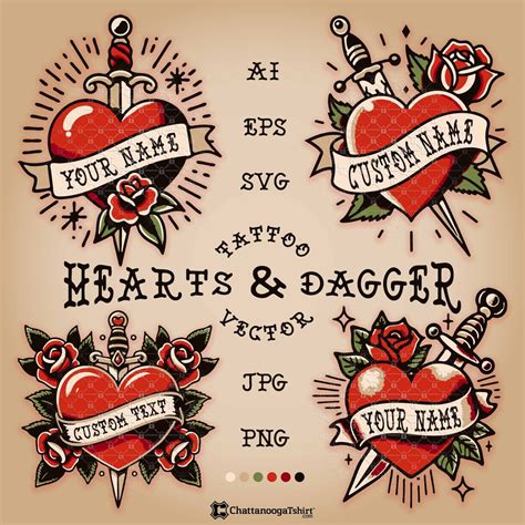 Traditional Heart And Dagger Tattoo Vector Set Custom Flash Tattoos With Old School Rose Banner