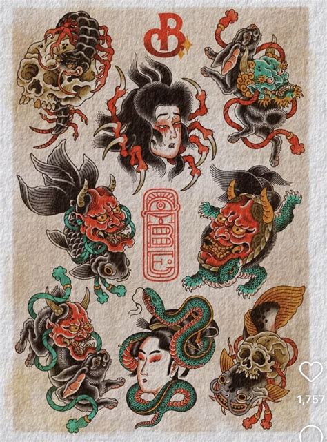 Traditional Japanese Tattoo Flash With Symbolic Designs