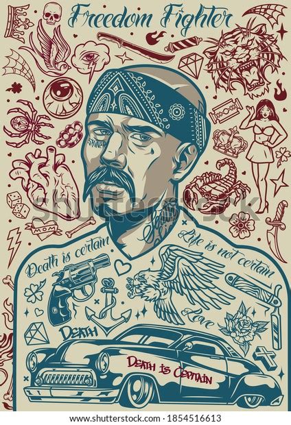 Vektor Stok Vintage Chicano Tattoos Concept Mustached Latino Tanpa Royalti 1854516613 Shutterstock