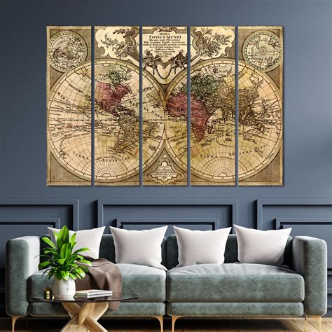 Vintage Textured World Map Canvas Wall Art Print Extra Large Multi Panel Rustic World Map Home