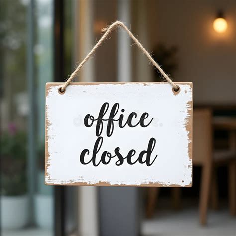 White Wooden Office Closed Sign With Black Text Hanging By Rustic Twine Against Blurred Glass