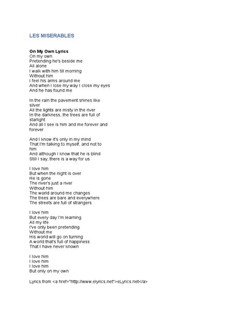 On My Own Les Miserables Lyrics